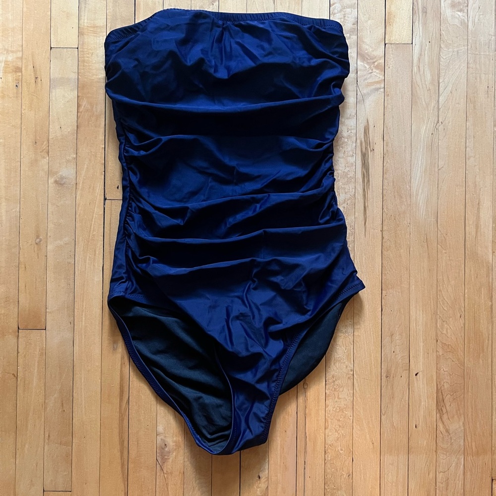 Elegant Navy Blue Strapless Swimsuit J. Crew Gemma ruched bandeau one-piece